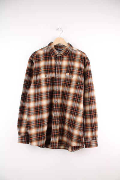 Carhartt original fit brown flannel plaid button up shirt with double pockets and embroidered logo 