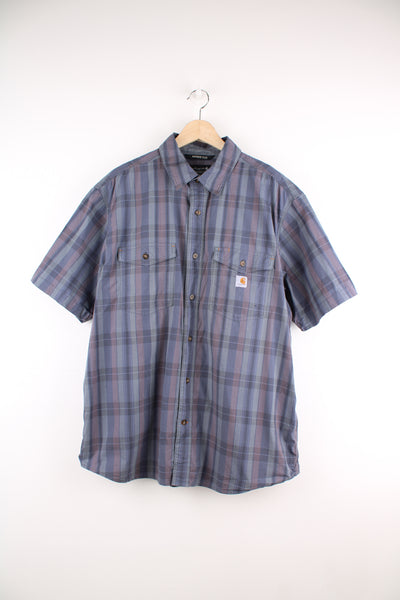 Carhartt blue/purple plaid relaxed fit cotton button up shirt with branded chest pocket 