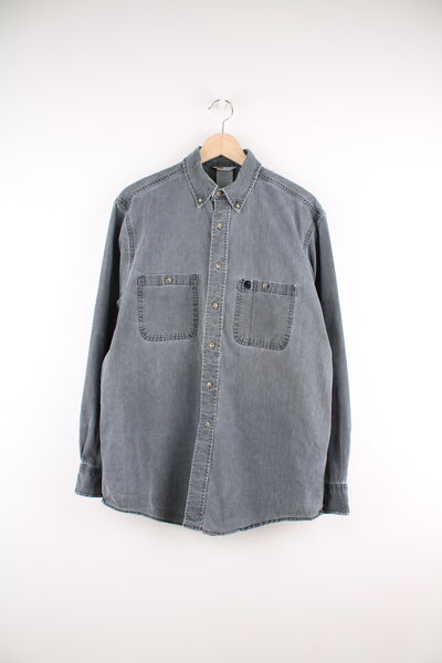 Vintage Carhartt grey denim button up shirt with embroidered logo on the chest pocket  