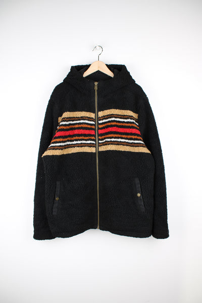 Modern Pendleton black Sherpa fleece with hood and full zip to close. Features vertical stripe across the chest in cream, brown and red. good condition  Size in Label:   Mens XL