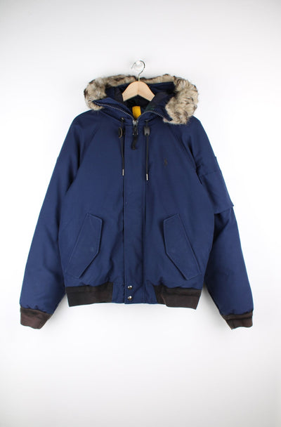 Navy blue Ralph Lauren parker style bomber jacket. Features down feather lining, detachable faux fur trim on the hood and has elasticated cuffs/ hem. Closes with a zip and buttons.  good condition - faux fur trim is slightly matted (see photos)  Size in Label:   Mens S