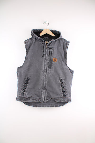 Carhartt grey heavy duty cotton zip through, hooded gilet with leather logo on the chest  