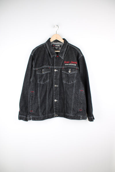 Y2K black denim jacket, closes with buttons down the front and features embroidered FUBU Jeans logo on the chest and back.   good condition  Size in Label:   Mens M