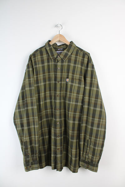 Green plaid Carhartt button up cotton shirt, has small embroidered logo on chest pocket