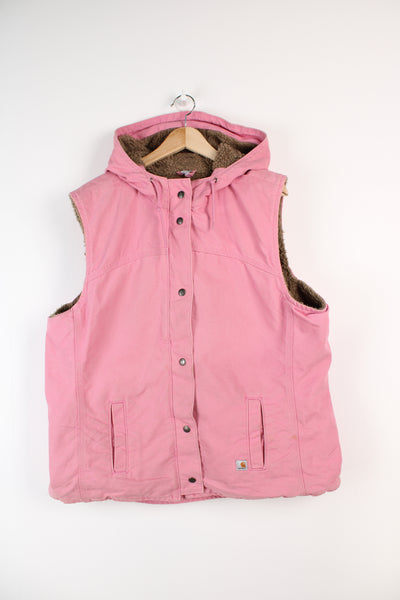 Hooded pink heavy duty cotton Carhartt workwear gilet with fleece lining 