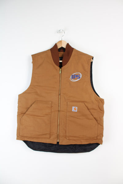 Tan heavy duty cotton Carhartt workwear gilet with quilted lining and embroidered branding
