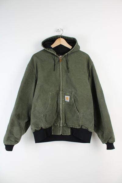 Carhartt green heavy duty cotton hooded workwear jacket with branded pocket