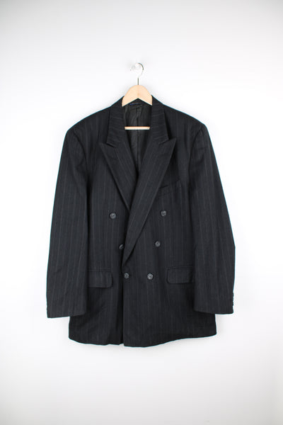 Vintage Burberry wool double breasted blazer in black pinstripe pattern.   good condition   Size on Label:  No Size - please see measurements below, Measures like a Mens L
