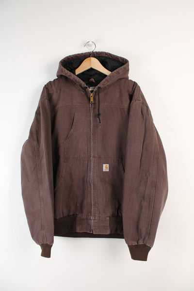 Brown heavy duty cotton hooded workwear jacket with branded pocket