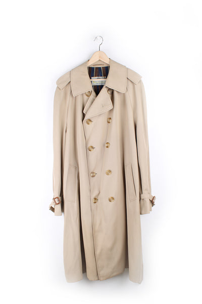 Vintage Aquascutum cream double breasted trench coat with striped lining and belt   Fair condition - small marks all over the jacket, mostly on the hem (see images)  Size on Label:  No Size Label - Measures like a Mens XL