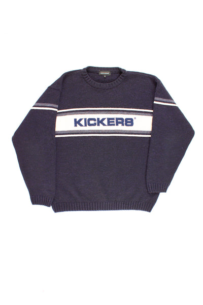 Kickers navy blue knit jumper features large spell-out embroidered logo across the chest good condition Size in Label: Mens L - Measures oversized