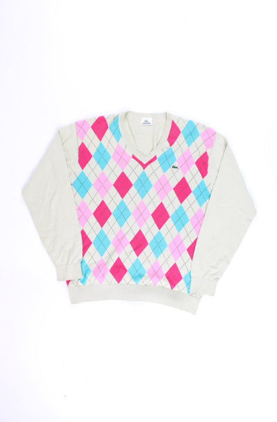 Vintage Lacoste tan, pink and blue Argyle knit jumper with v-neck and embroidered crocodile logo on the chest.