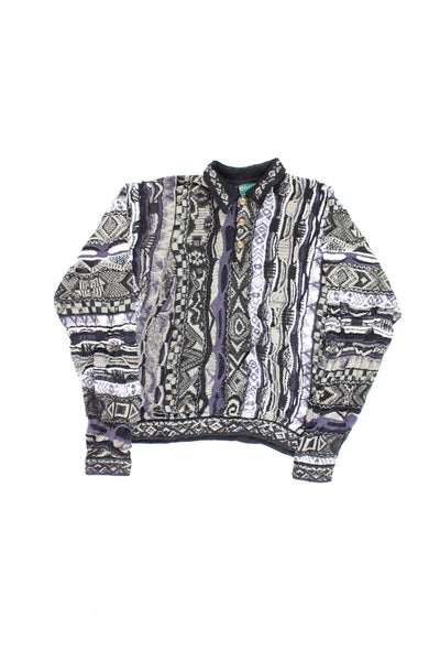 Vintage 90's Coogi 3D knit jumper in black and grey tones. Features knit collar and 4 buttons to close. good condition Size in Label: Mens M - Measures oversized