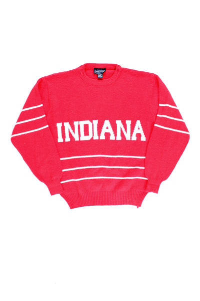 Vintage 90's red crew neck knit jumper with white Indiana and horizontal line design. good condition Size in Label: Mens L