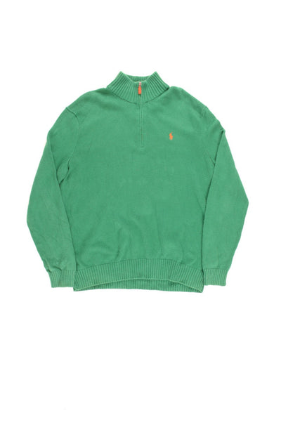 Vintage Ralph Lauren green knit jumper with quarter zip neckline and orange embroidered logo on the chest. Good condition Mens XL
