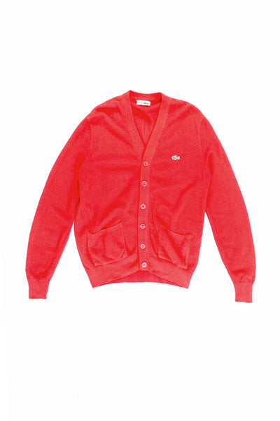 Vintage 80's Chemise Lacoste red knit cardigan with embroidered crocodile logo on the chest. fair condition - some pulled threads on the arms and faint marks on the chest, arm and near the buttons at the bottom (see photos) Mens M