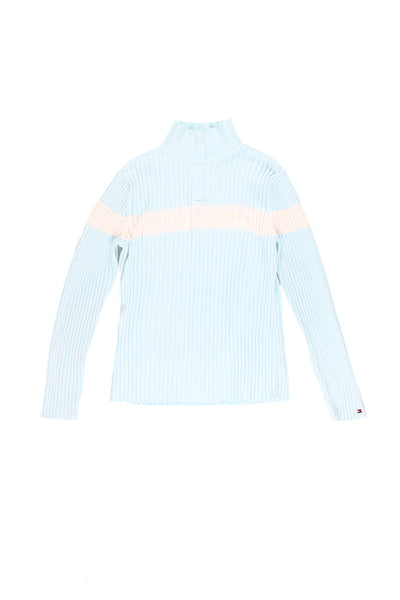 Tommy Hilfiger light blue ribbed knit roll neck. Features 1/4 length buttons at the neck to close and white vertical stripe across the chest with embroidered Tommy Hilfiger logo. good condition Size in Label: Womens L
