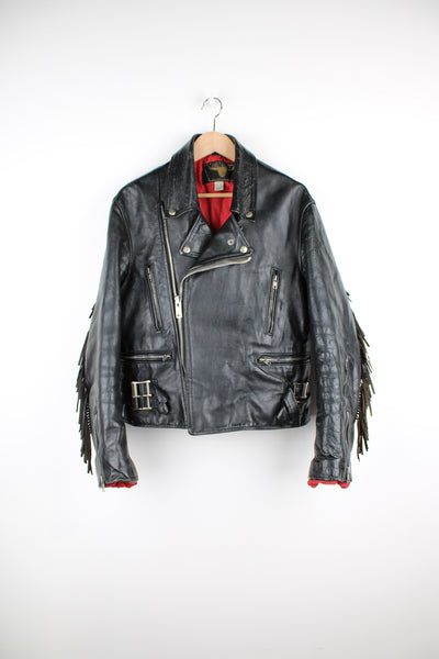 Vintage 60's Fieldsheer Leathers Long Horn fringe motorcycle jacket. Black leather jacket with red lining, silver hardware and buckle detail on the waist.  good condition - some wear to the leather and silver hardware in places, a small rip on the back of the jacket has been repaired (see photos).   Size in Label:  Mens 44 - Measures like a mens L  Shown on a womens size 12 (oversized fit)