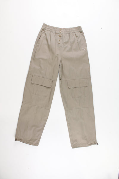 Reebok high waisted, cargo trousers with popper button closures, multiple pockets and embroidered logo on the hip