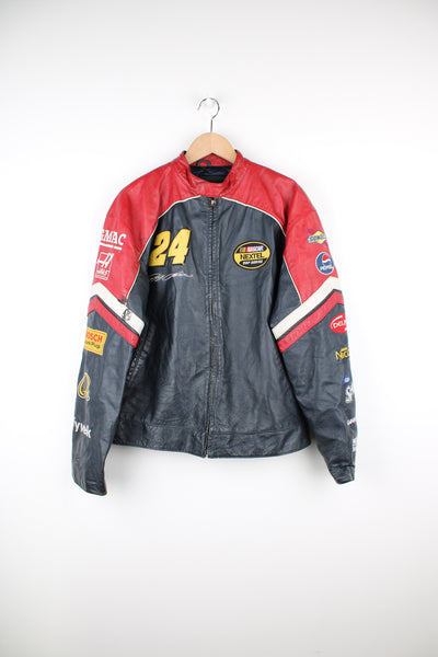 Vintage NASCAR Willsons leather jacket with embroidered badges and sponsors. Navy blue jacket with red and white leather detail.  good condition - leather is worn in places and has some black marks on the arm (see photos)  Size in Label: Mens S