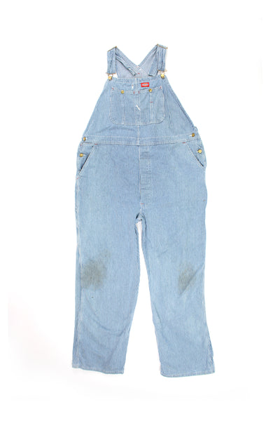 Dickies blue and white pin striped full length cotton dungarees with multiple pockets