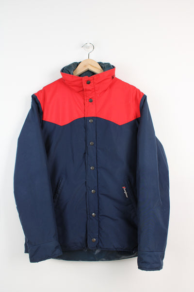 Vintage Berghaus blue and red 'Chamonix' insulated jacket,  with zip/snap button fastenings, foldaway hood and zip up pockets