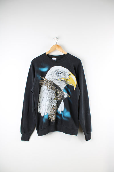 Vintage 80's Santee made in the USA all black crewneck sweatshirt, features large American Eagle graphic on the front 