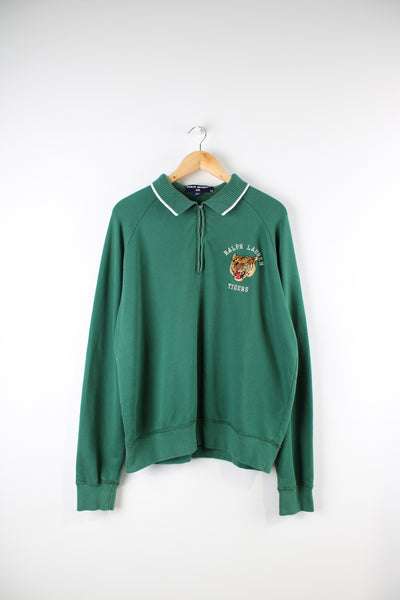 Vintage Ralph Lauren Polo Sport green polo style, 1/4 zip sweatshirt. Features embroidered tiger badge on the chest