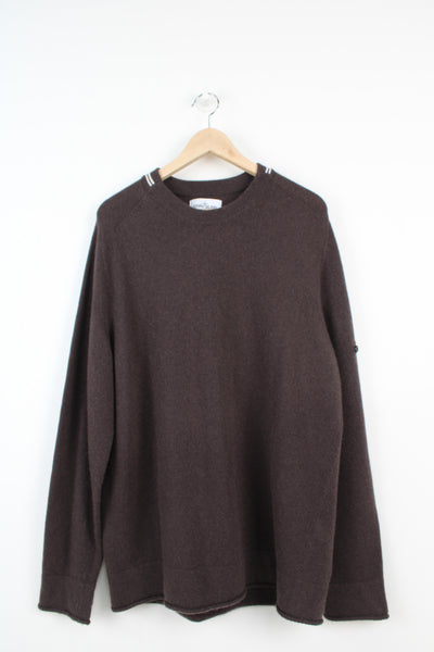 Stone Island brown soft knitted jumper with white stripe details on the collar. 