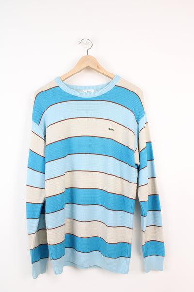 Vintage 90's Lacoste blue and tan striped knit jumper with embroidered logo on the chest