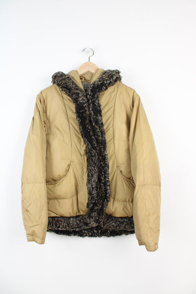Aquascutum golden / tan puffer  jacket with Aquascutum print lining and faux fur trim