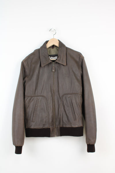 Schott NYC 100% goats skin leather, zip through bomber jacket with embossed logo on the chest