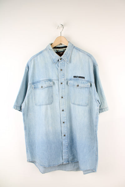 Harley-Davidson light blue denim button up shirt with embroidered spell-out logo on the chest