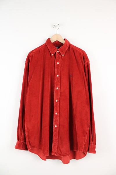 Ralph Lauren red corduroy  button up shirt with signature embroidered logo on the chest