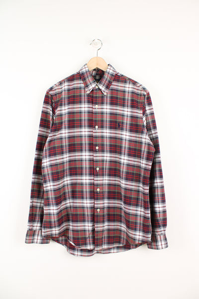 Ralph Lauren red plaid button up cotton shirt with signature embroidered logo on the chest