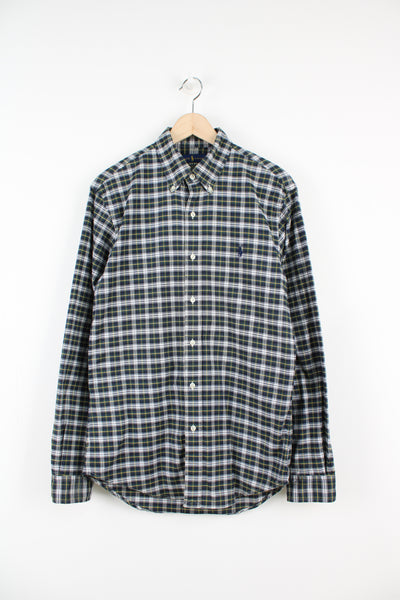 Ralph Lauren green and blue plaid button up, slim fit, cotton shirt with signature embroidered logo on the chest