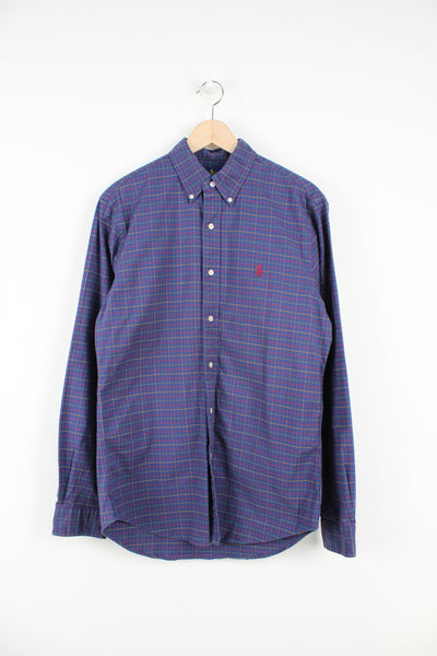 Ralph Lauren navy blue plaid button up, cotton shirt with signature embroidered logo on the chest