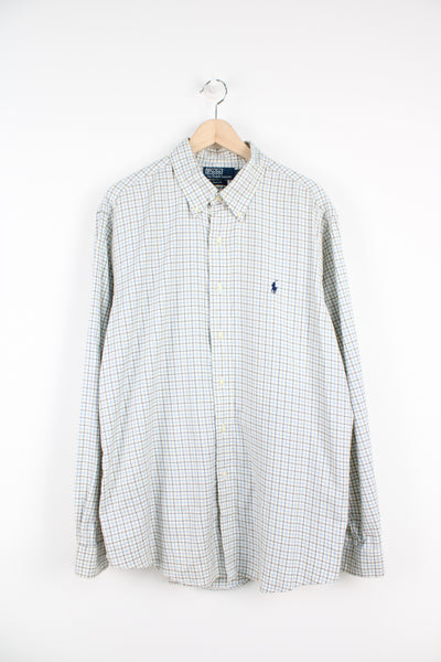 Ralph Lauren cream and blue plaid button up cotton shirt with signature embroidered logo on the chest