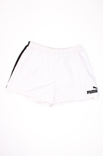 Vintage Puma all white cotton sports shorts with embroidered logos on the legs 