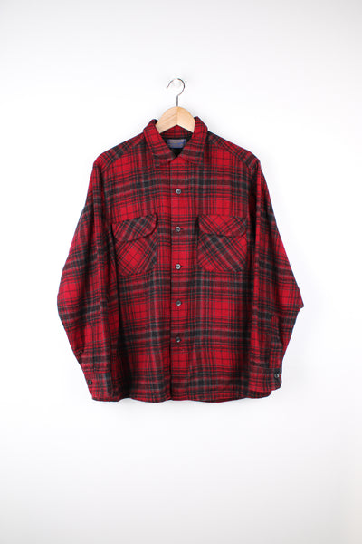Vintage 1960's Pendleton red plaid, button up wool shirt. Features double chest pockets