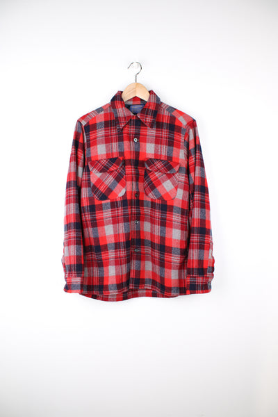 Vintage 80's Pendleton red and grey plaid 100% wool button up shirt, made in the USA