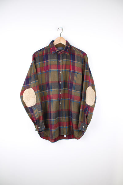 Vintage 70's/80's Pendleton red and green plaid 100% wool button up shirt features suede elbow pads, made in the USA