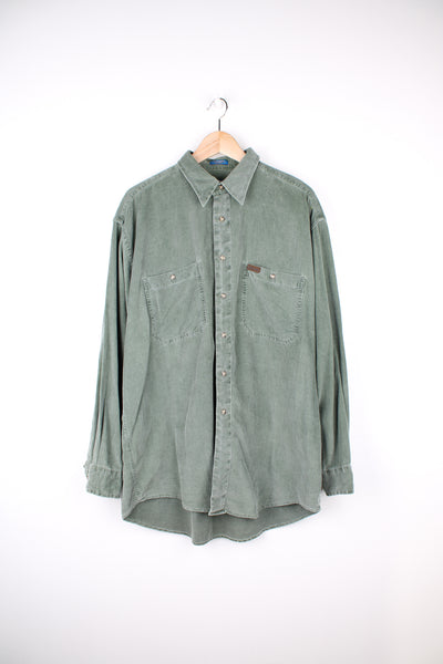 Vintage Pendleton sage green button up corduroy shirt, features leather embossed logo on the chest pocket