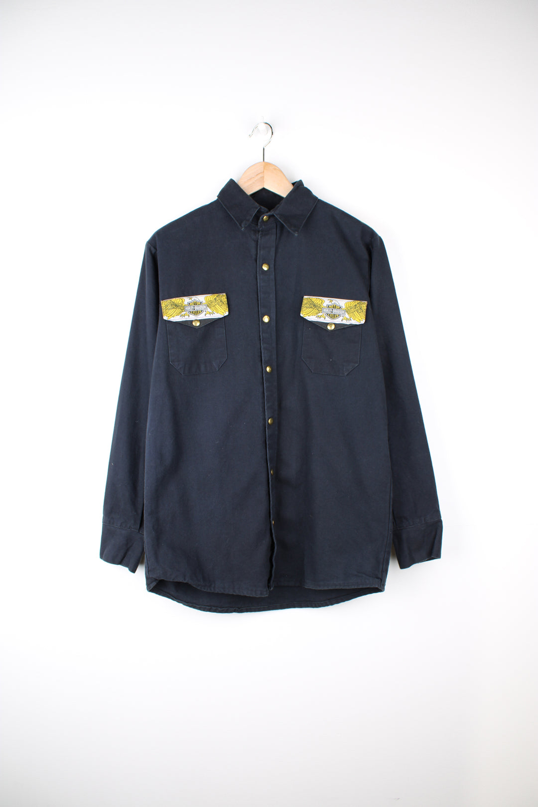 Vintage handmade heavy duty cotton shirt, features Harley Davidson theme western style yoke and pocket details