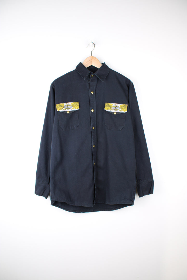 Vintage handmade heavy duty cotton shirt, features Harley Davidson theme western style yoke and pocket details
