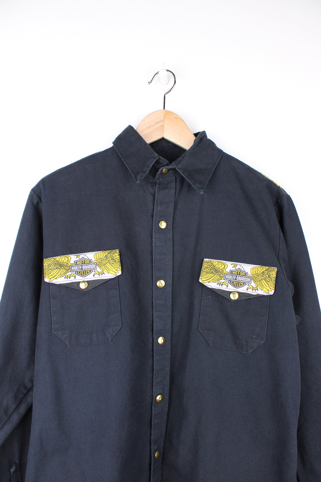 Vintage handmade heavy duty cotton shirt, features Harley Davidson theme western style yoke and pocket details