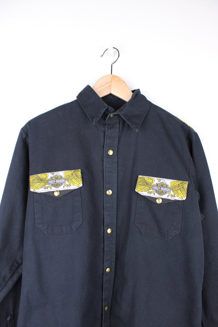Vintage handmade heavy duty cotton shirt, features Harley Davidson theme western style yoke and pocket details