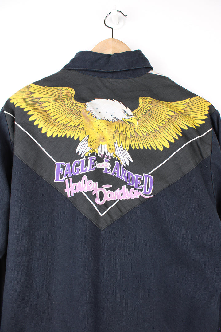 Vintage handmade heavy duty cotton shirt, features Harley Davidson theme western style yoke and pocket details