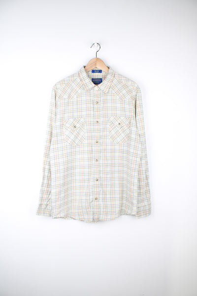 Pendleton pale yellow, plaid button up shirt. Made from 100% cotton, features western style yoke and pearl effect popper buttons