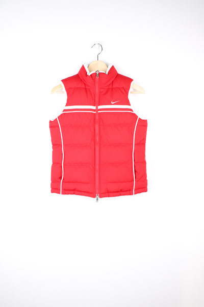 2000's Nike all red puffer style reversible gilet, features embroidered logo on the chest and white piping details